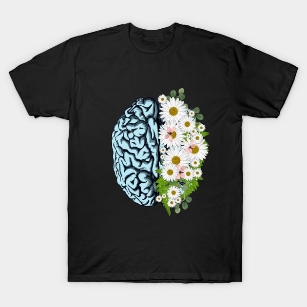 Blue Brain and daisies, Positivity, creativity, right hemisphere brain, health, Mental T-Shirt by Collagedream